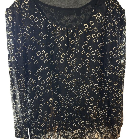 Chicos Black & White Semi-Sheer Geo Burnout Peasant Top Size 2 Polyester/Rayon B - Picture 2 of 11